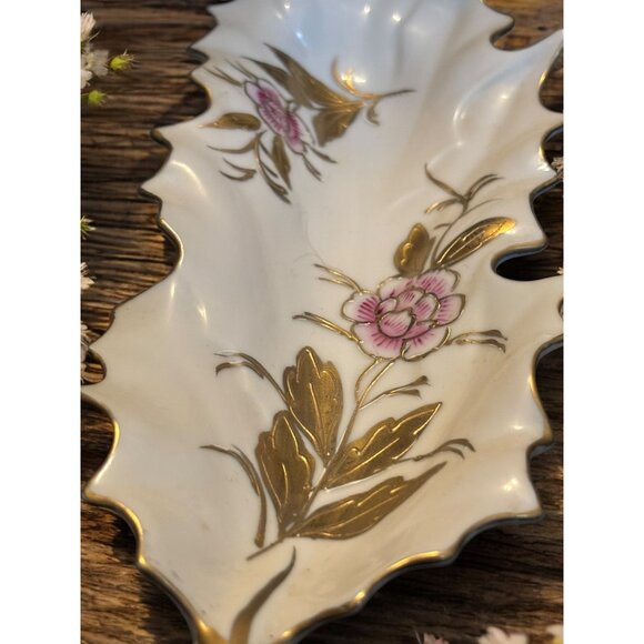 Vintage Kalk White German Porcelain Leaf Dish Floral Gold Trim Floral 10.5" cros - Picture 2 of 11